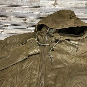 Wilson Adventure Bound Brown Leather‎ Bomber Jacket Hood Full Zip Up Size Medium